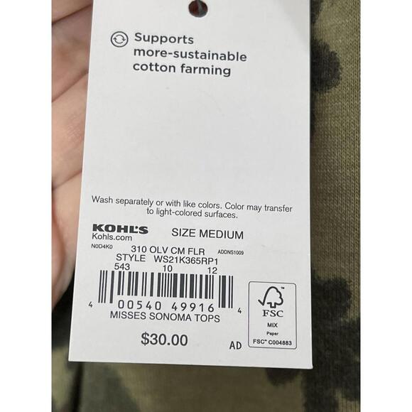 NWT Sonoma Short Sleeve Sweatshirt Olive Floral Camo Daisy Sz Med MSRP $30 - Picture 3 of 5